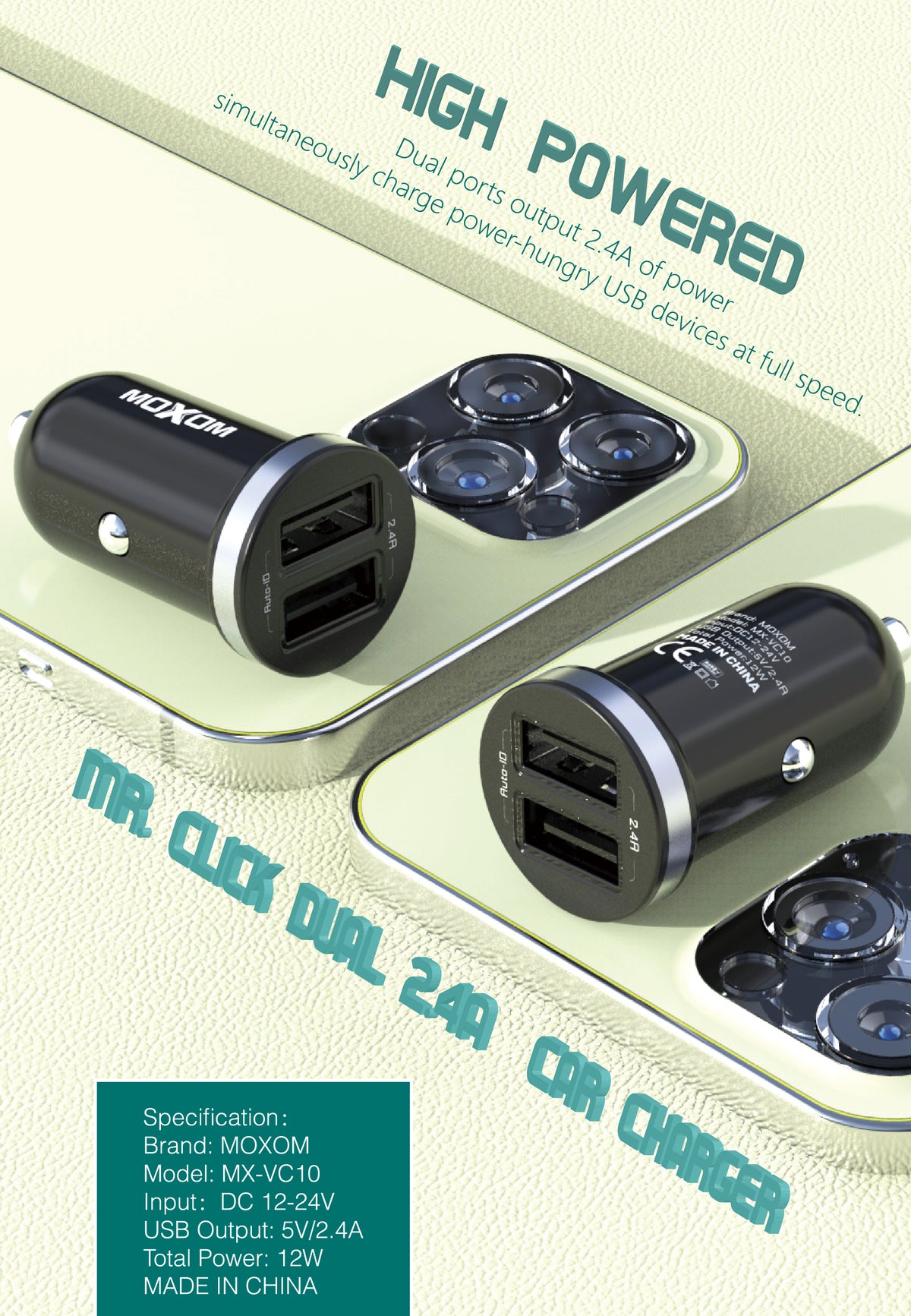 MOXOM MX-VC10 Mr. Click Dual USB Car Charger – 2.4A Per Port, Compact, 12-24V, Black