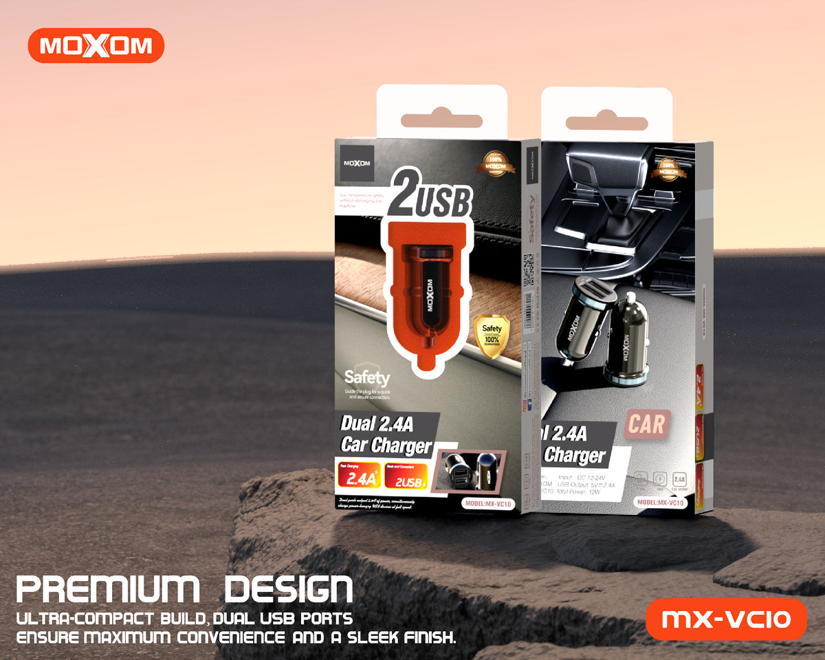 MOXOM MX-VC10 Mr. Click Dual USB Car Charger – 2.4A Per Port, Compact, 12-24V, Black