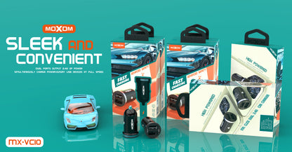 MOXOM MX-VC10 Mr. Click Dual USB Car Charger – 2.4A Per Port, Compact, 12-24V, Black