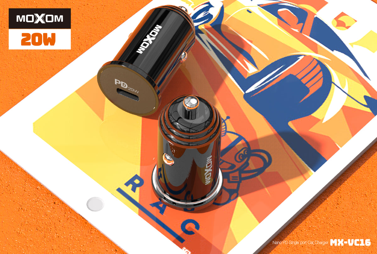 MOXOM MX-VC16 Nano USB-C PD Car Charger – 20W, Ultra-Compact, 12–24V, Black