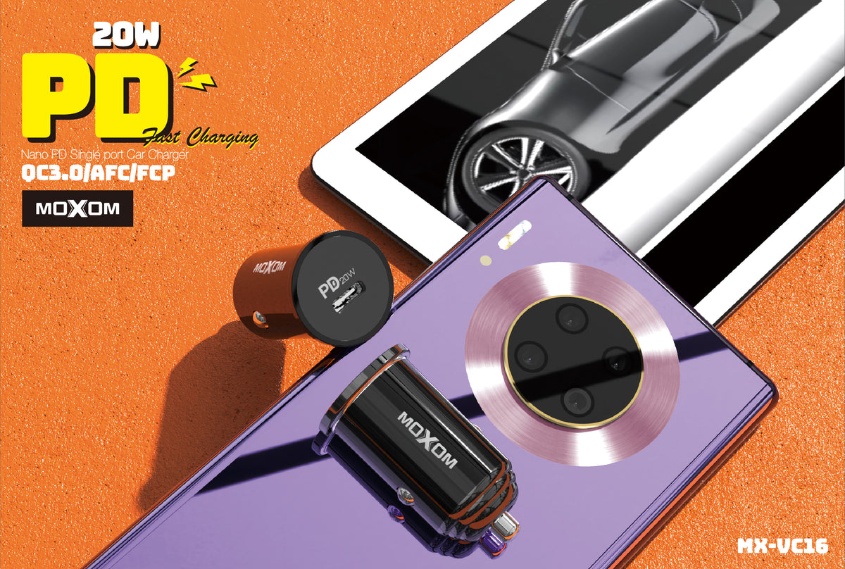 MOXOM MX-VC16 Nano USB-C PD Car Charger – 20W, Ultra-Compact, 12–24V, Black