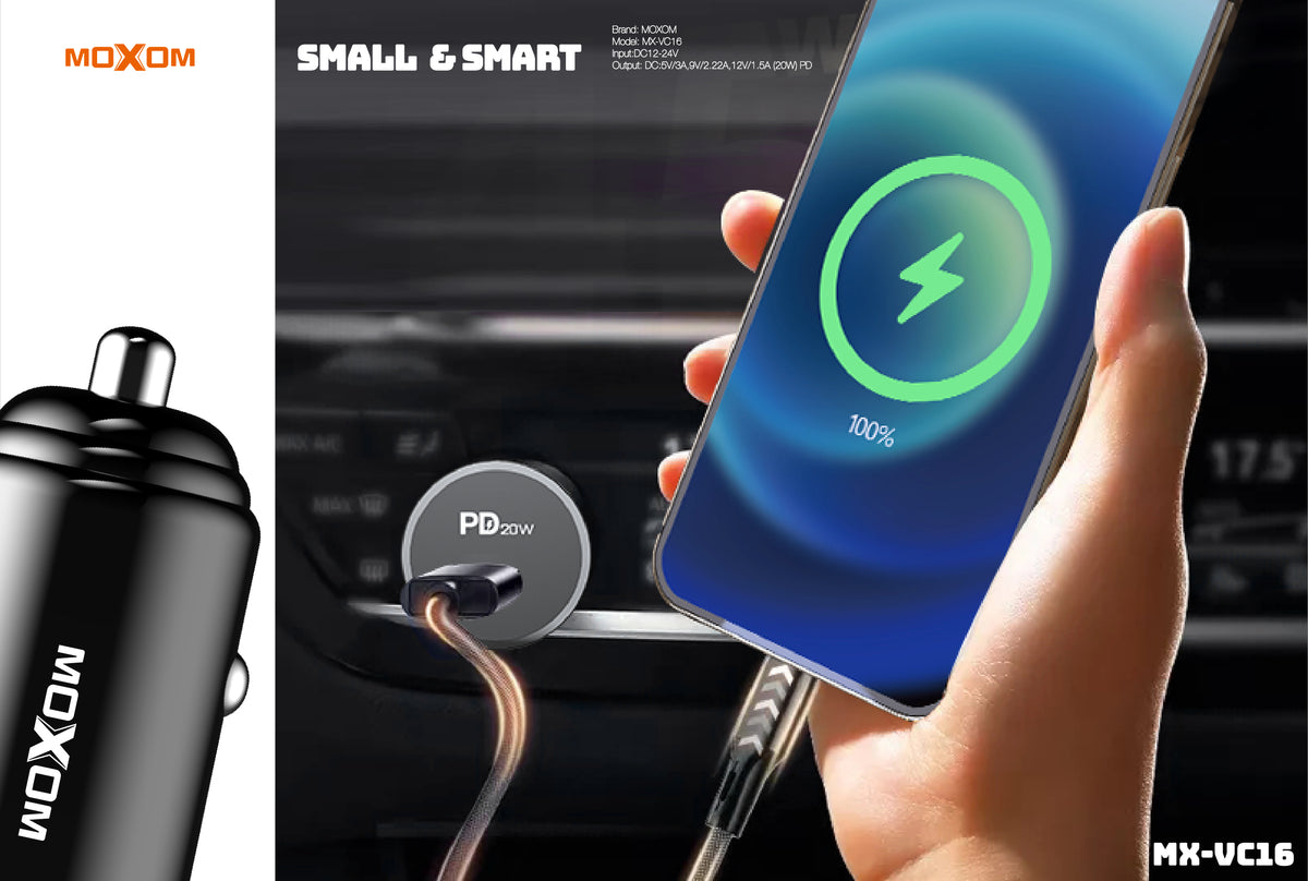 MOXOM MX-VC16 Nano USB-C PD Car Charger – 20W, Ultra-Compact, 12–24V, Black