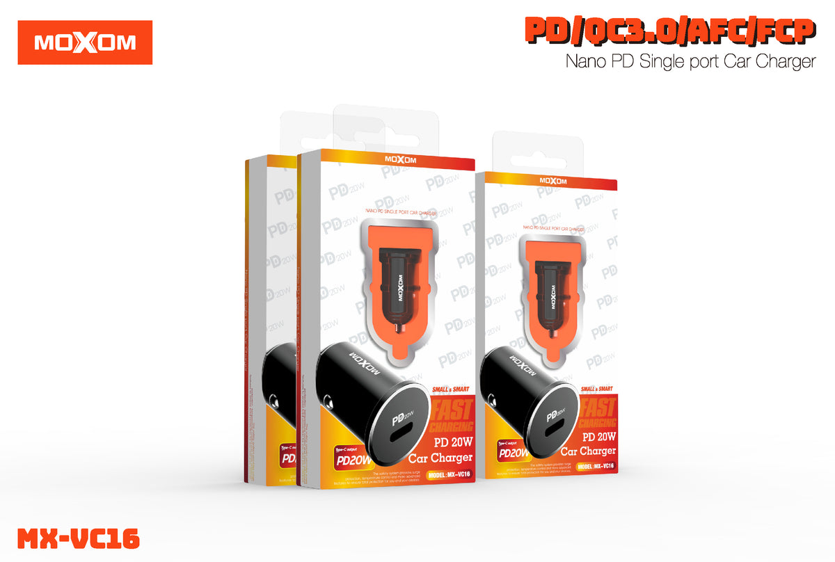 MOXOM MX-VC16 Nano USB-C PD Car Charger – 20W, Ultra-Compact, 12–24V, Black