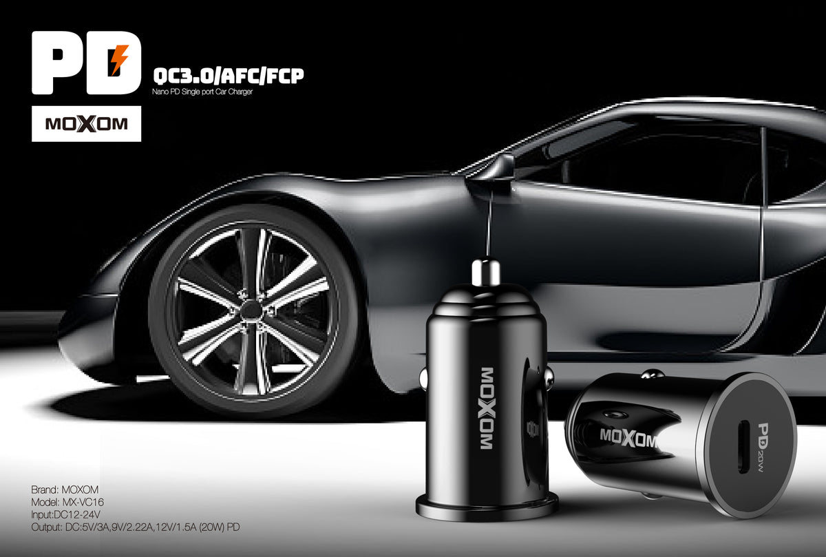 MOXOM MX-VC16 Nano USB-C PD Car Charger – 20W, Ultra-Compact, 12–24V, Black