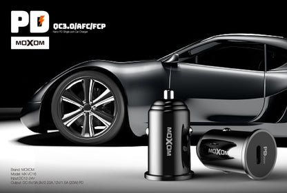 MOXOM MX-VC16 Nano USB-C PD Car Charger – 20W, Ultra-Compact, 12–24V, Black