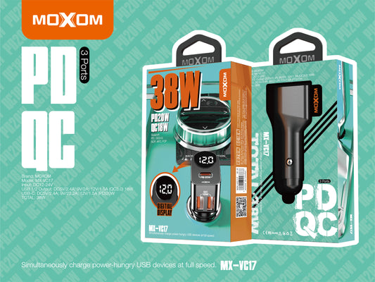 MOXOM MX-VC17 3-Port Car Charger with Digital Voltage Display – 38W, Dual QC3.0 + USB-C PD 20W