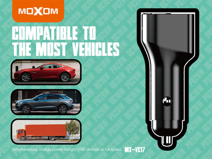 MOXOM MX-VC17 3-Port Car Charger with Digital Voltage Display – 38W, Dual QC3.0 + USB-C PD 20W