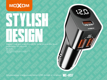 MOXOM MX-VC17 3-Port Car Charger with Digital Voltage Display – 38W, Dual QC3.0 + USB-C PD 20W
