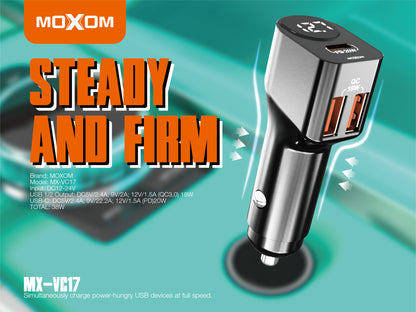 MOXOM MX-VC17 3-Port Car Charger with Digital Voltage Display – 38W, Dual QC3.0 + USB-C PD 20W