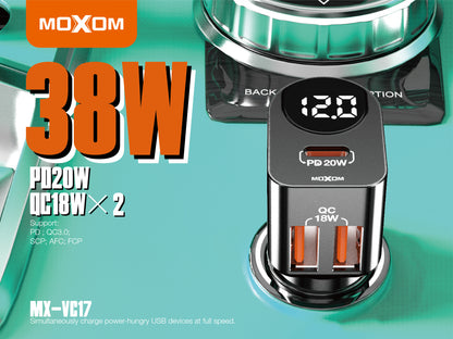 MOXOM MX-VC17 3-Port Car Charger with Digital Voltage Display – 38W, Dual QC3.0 + USB-C PD 20W