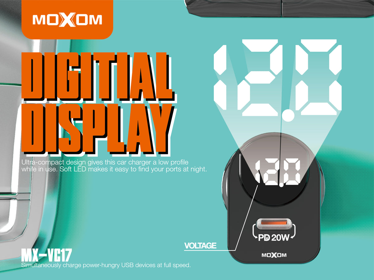 MOXOM MX-VC17 3-Port Car Charger with Digital Voltage Display – 38W, Dual QC3.0 + USB-C PD 20W