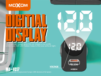 MOXOM MX-VC17 3-Port Car Charger with Digital Voltage Display – 38W, Dual QC3.0 + USB-C PD 20W