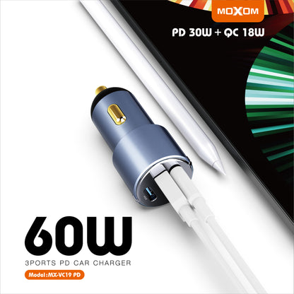 MOXOM MX-VC19 PD 60W 3-Port Car Charger – Dual 30W USB-C PD + USB-A Fast Charging, 12-24V