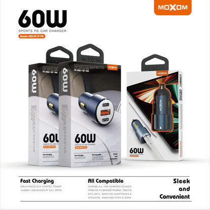 MOXOM MX-VC19 PD 60W 3-Port Car Charger – Dual 30W USB-C PD + USB-A Fast Charging, 12-24V