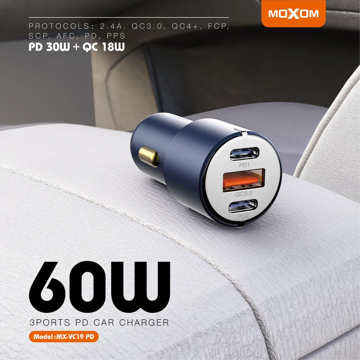 MOXOM MX-VC19 PD 60W 3-Port Car Charger – Dual 30W USB-C PD + USB-A Fast Charging, 12-24V