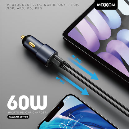 MOXOM MX-VC19 PD 60W 3-Port Car Charger – Dual 30W USB-C PD + USB-A Fast Charging, 12-24V