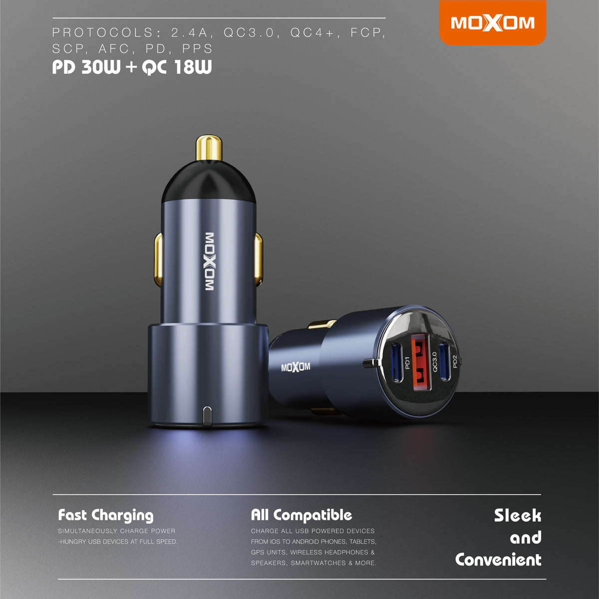 MOXOM MX-VC19 PD 60W 3-Port Car Charger – Dual 30W USB-C PD + USB-A Fast Charging, 12-24V
