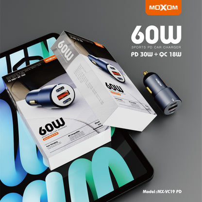 MOXOM MX-VC19 PD 60W 3-Port Car Charger – Dual 30W USB-C PD + USB-A Fast Charging, 12-24V