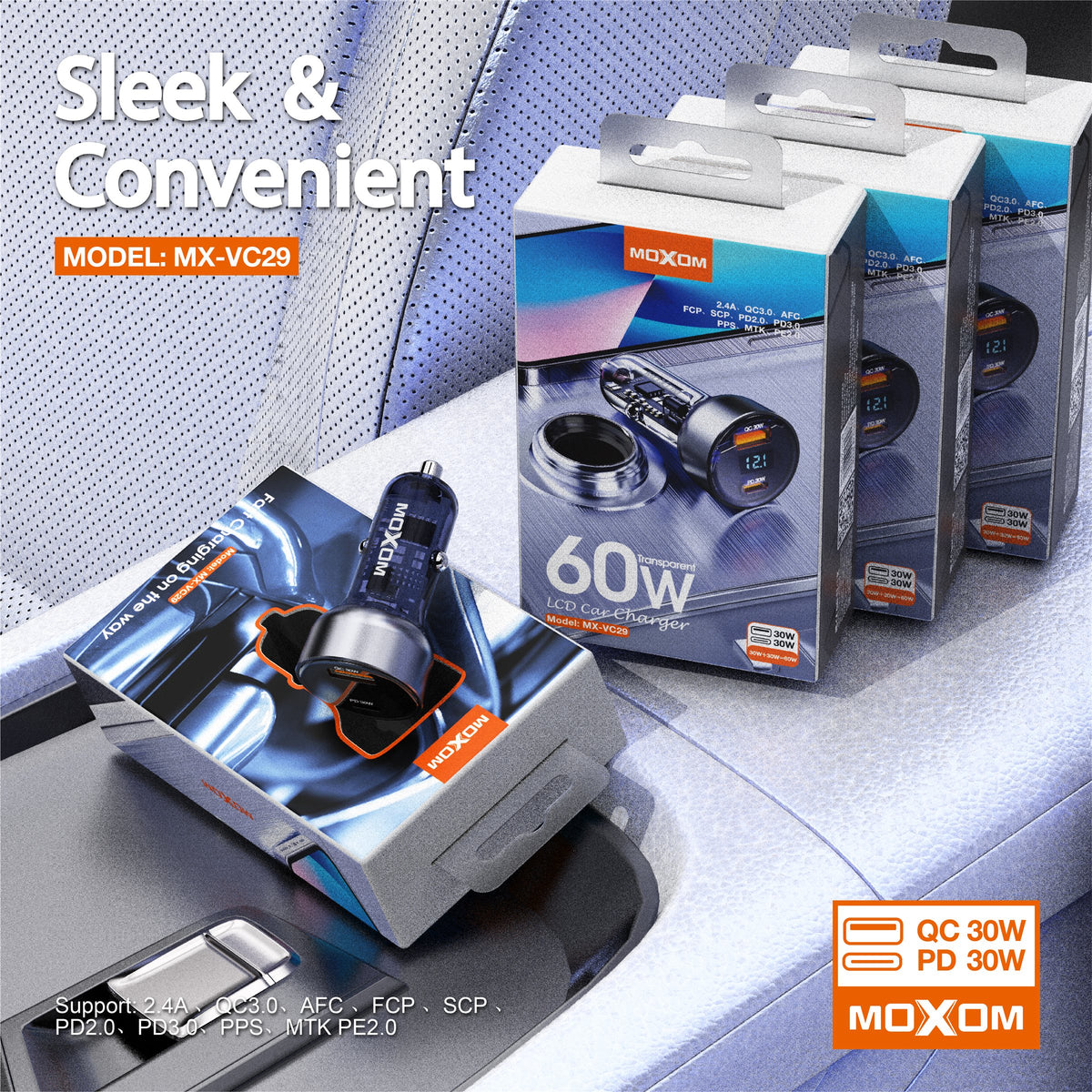 MOXOM MX-VC29 60W Transparent Car Charger – LCD Voltage Display, USB-C PD 30W + USB 30W, 12-24V