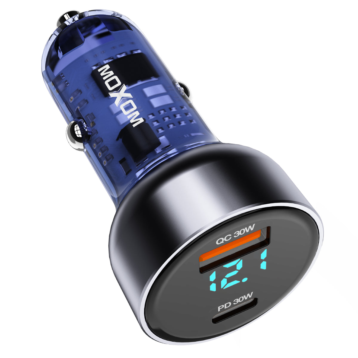 MOXOM MX-VC29 60W Transparent Car Charger – LCD Voltage Display, USB-C PD 30W + USB 30W, 12-24V