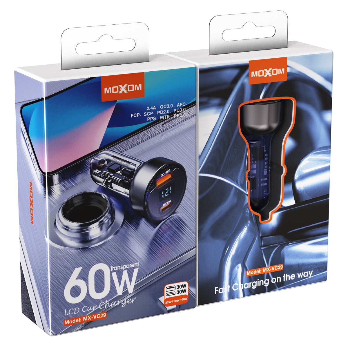 MOXOM MX-VC29 60W Transparent Car Charger – LCD Voltage Display, USB-C PD 30W + USB 30W, 12-24V