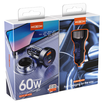MOXOM MX-VC29 60W Transparent Car Charger – LCD Voltage Display, USB-C PD 30W + USB 30W, 12-24V