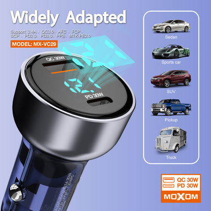 MOXOM MX-VC29 60W Transparent Car Charger – LCD Voltage Display, USB-C PD 30W + USB 30W, 12-24V