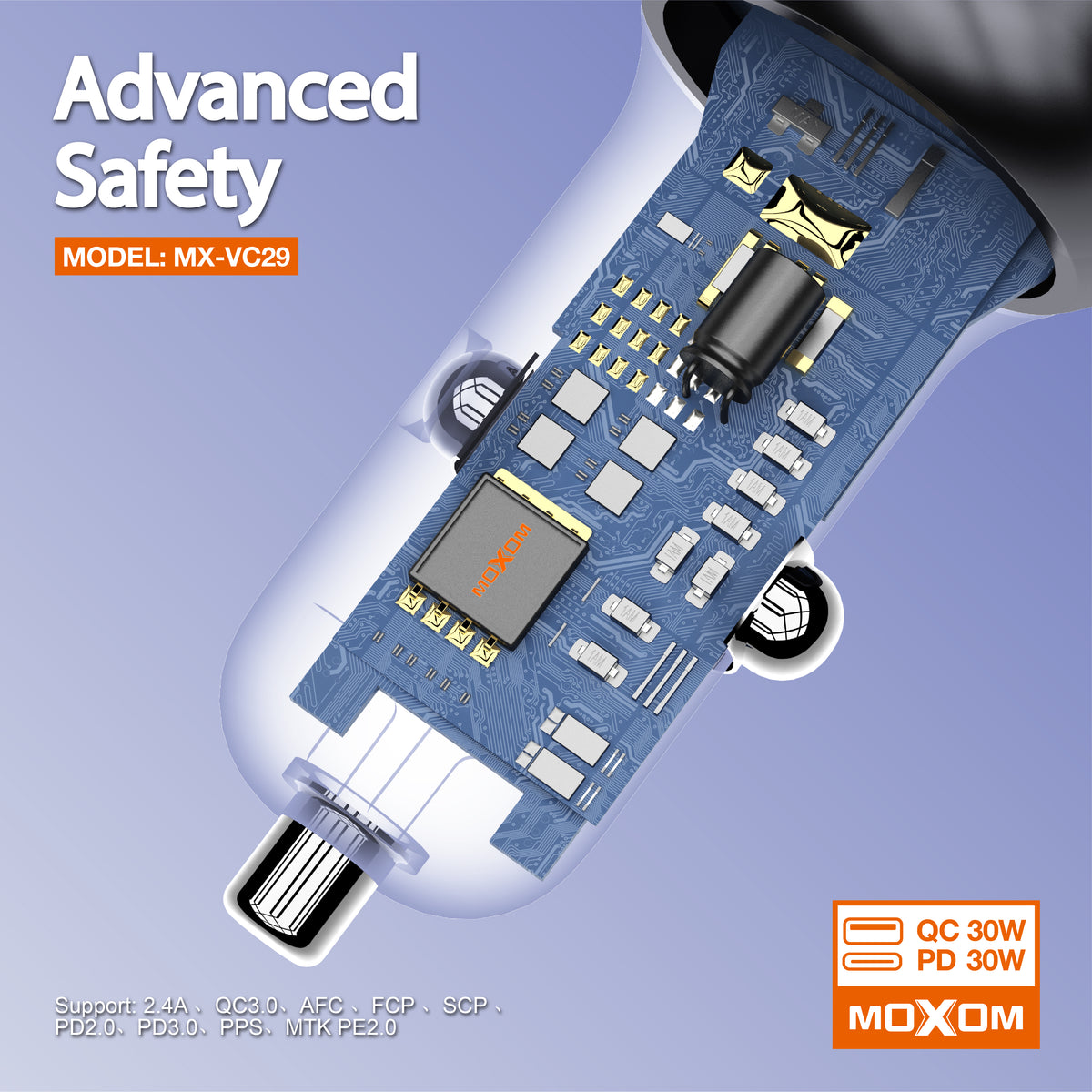 MOXOM MX-VC29 60W Transparent Car Charger – LCD Voltage Display, USB-C PD 30W + USB 30W, 12-24V