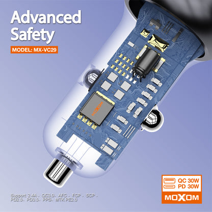 MOXOM MX-VC29 60W Transparent Car Charger – LCD Voltage Display, USB-C PD 30W + USB 30W, 12-24V