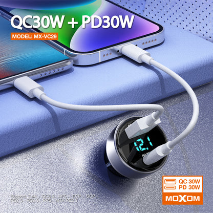 MOXOM MX-VC29 60W Transparent Car Charger – LCD Voltage Display, USB-C PD 30W + USB 30W, 12-24V