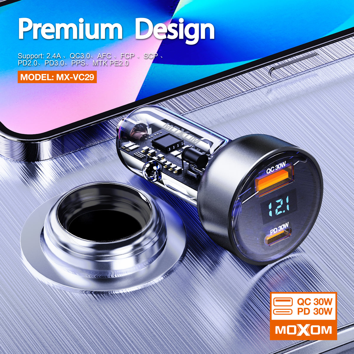 MOXOM MX-VC29 60W Transparent Car Charger – LCD Voltage Display, USB-C PD 30W + USB 30W, 12-24V