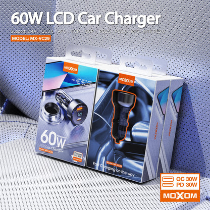 MOXOM MX-VC29 60W Transparent Car Charger – LCD Voltage Display, USB-C PD 30W + USB 30W, 12-24V