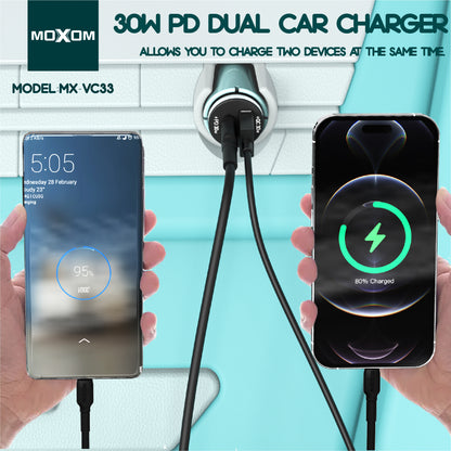 MOXOM MX-VC33 30W PD Car Charger with Cable – USB-C + USB-A, Aluminium Alloy, Mini Size