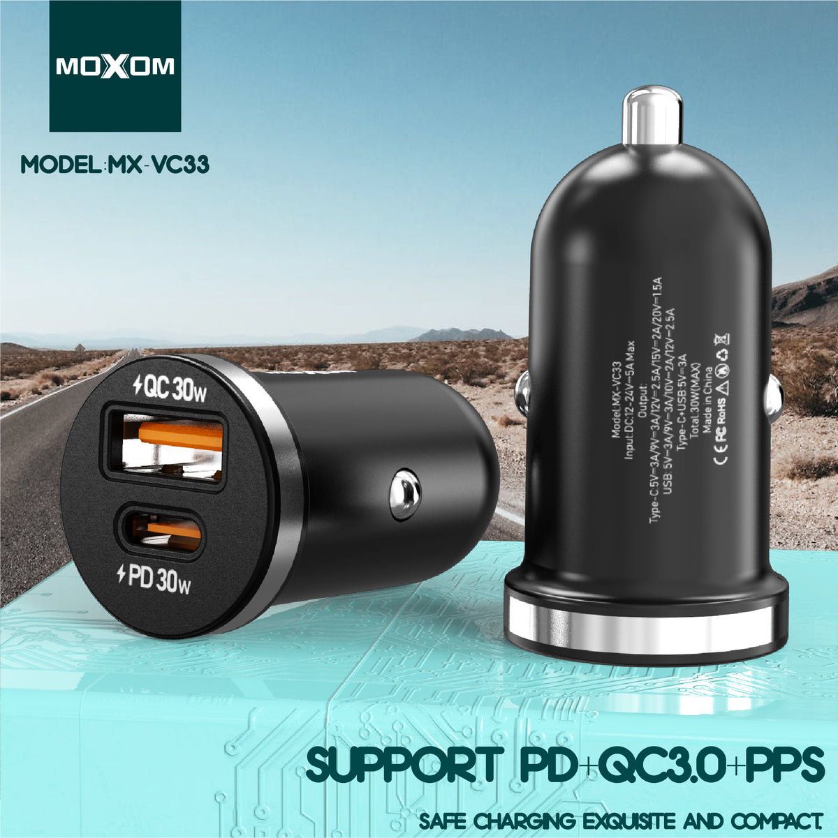 MOXOM MX-VC33 30W PD Car Charger with Cable – USB-C + USB-A, Aluminium Alloy, Mini Size