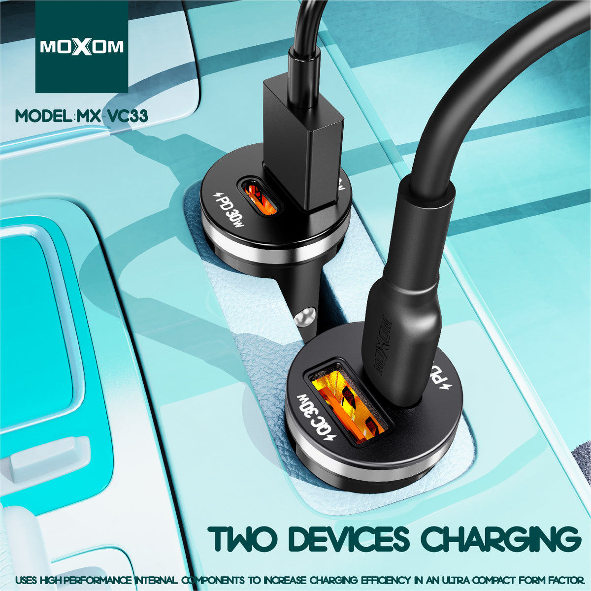 MOXOM MX-VC33 30W PD Car Charger with Cable – USB-C + USB-A, Aluminium Alloy, Mini Size
