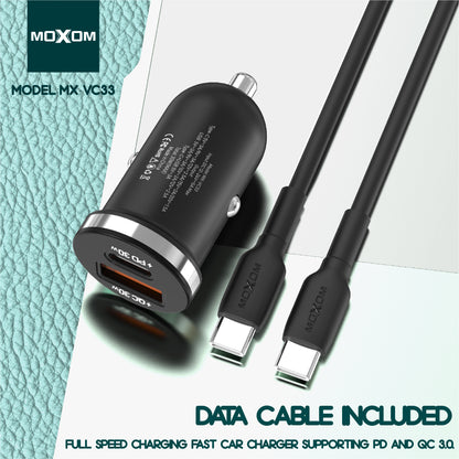 MOXOM MX-VC33 30W PD Car Charger with Cable – USB-C + USB-A, Aluminium Alloy, Mini Size