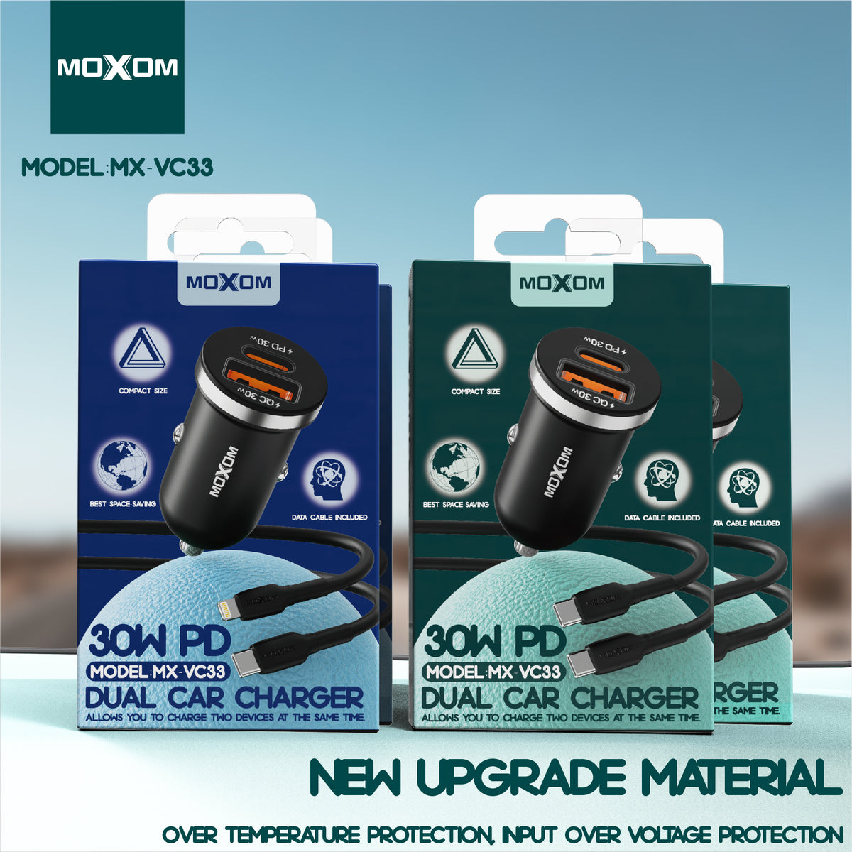 MOXOM MX-VC33 30W PD Car Charger with Cable – USB-C + USB-A, Aluminium Alloy, Mini Size