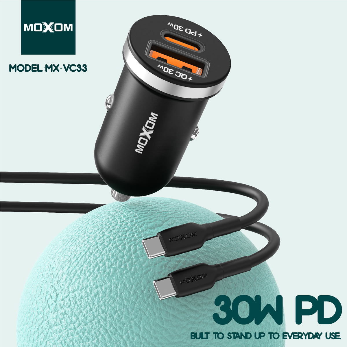 MOXOM MX-VC33 30W PD Car Charger with Cable – USB-C + USB-A, Aluminium Alloy, Mini Size