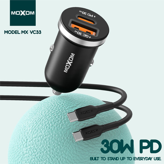 MOXOM MX-VC33 30W PD Car Charger with Cable – USB-C + USB-A, Aluminium Alloy, Mini Size