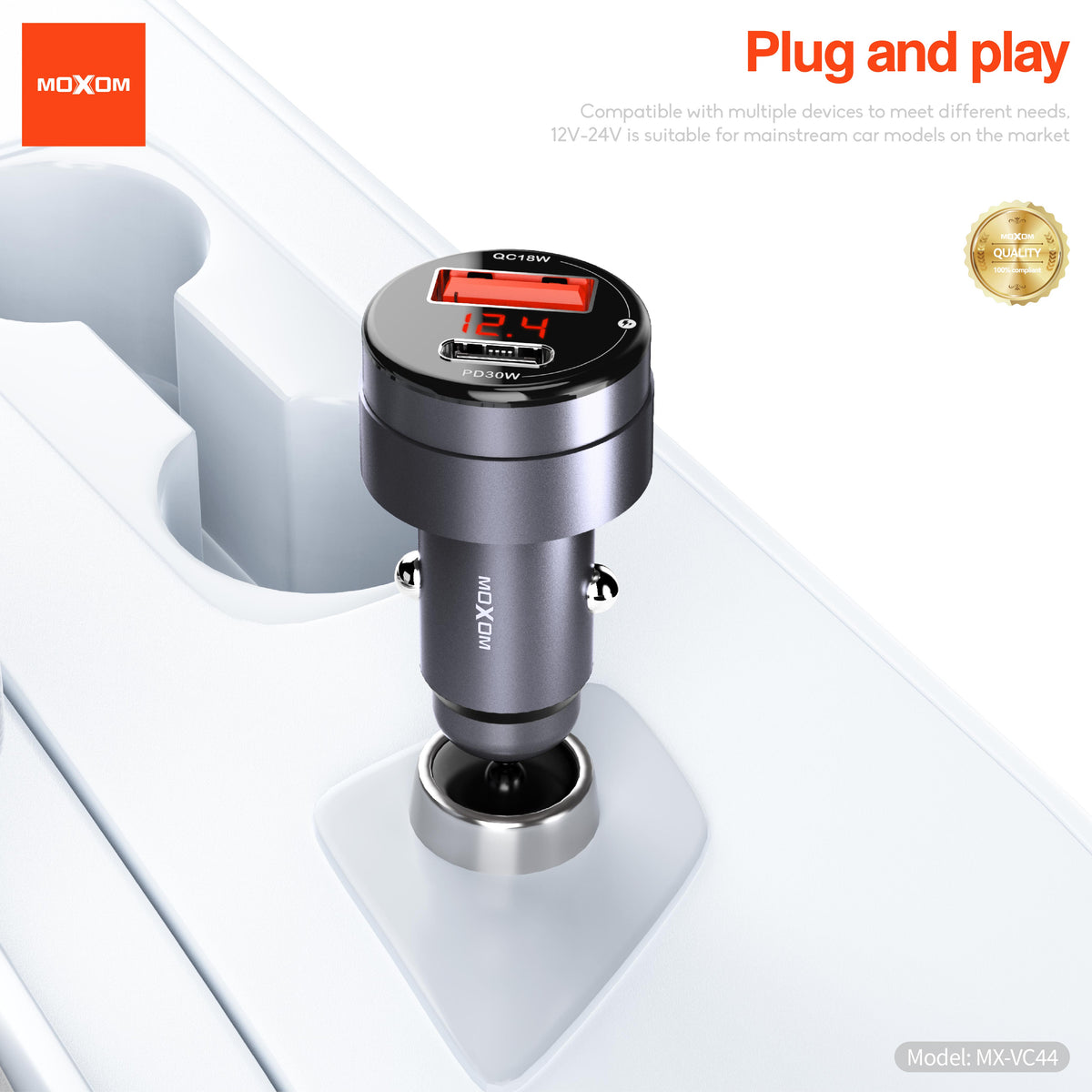 MOXOM MX-VC44 Smart Display Car Charger – PD 30W USB-C + QC 18W USB-A, Live Voltage Screen, PPS