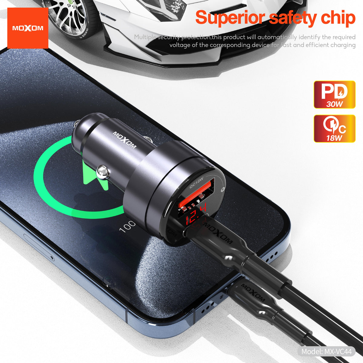 MOXOM MX-VC44 Smart Display Car Charger – PD 30W USB-C + QC 18W USB-A, Live Voltage Screen, PPS