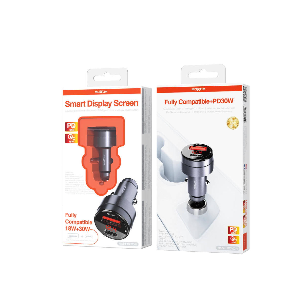 MOXOM MX-VC44 Smart Display Car Charger – PD 30W USB-C + QC 18W USB-A, Live Voltage Screen, PPS