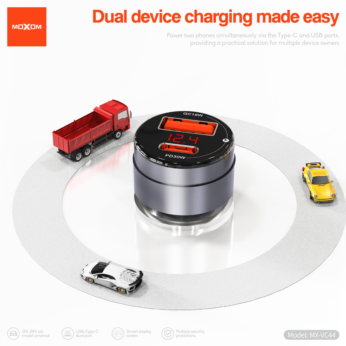MOXOM MX-VC44 Smart Display Car Charger – PD 30W USB-C + QC 18W USB-A, Live Voltage Screen, PPS