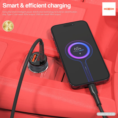 MOXOM MX-VC44 Smart Display Car Charger – PD 30W USB-C + QC 18W USB-A, Live Voltage Screen, PPS