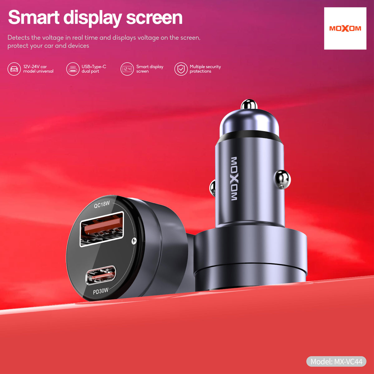 MOXOM MX-VC44 Smart Display Car Charger – PD 30W USB-C + QC 18W USB-A, Live Voltage Screen, PPS