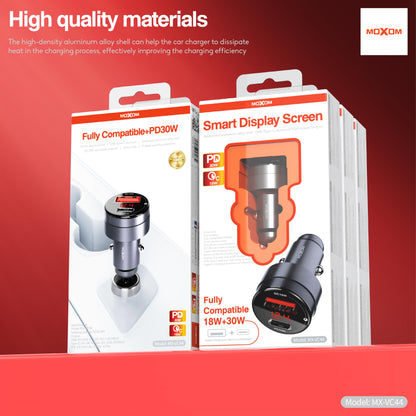 MOXOM MX-VC44 Smart Display Car Charger – PD 30W USB-C + QC 18W USB-A, Live Voltage Screen, PPS