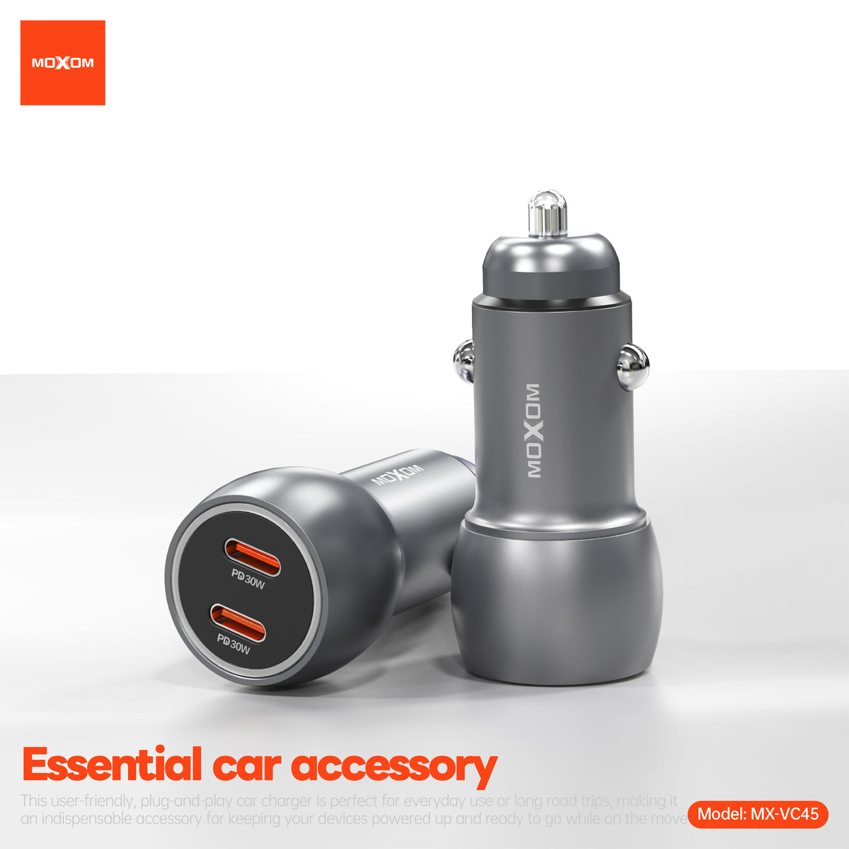 MOXOM MX-VC45 Pilot 60W Car Charger – Dual USB-C 30W+30W, PD & PPS Fast Charging, 12-24V