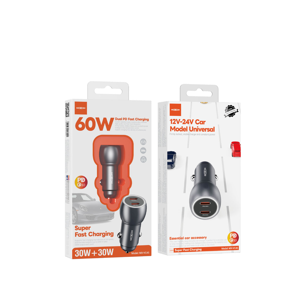 MOXOM MX-VC45 Pilot 60W Car Charger – Dual USB-C 30W+30W, PD & PPS Fast Charging, 12-24V