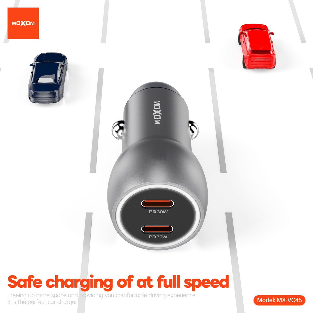MOXOM MX-VC45 Pilot 60W Car Charger – Dual USB-C 30W+30W, PD & PPS Fast Charging, 12-24V