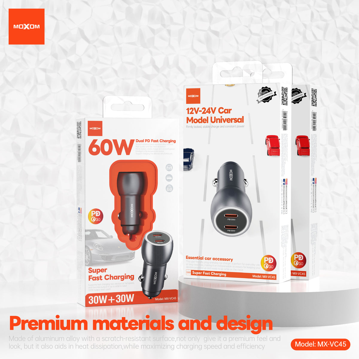 MOXOM MX-VC45 Pilot 60W Car Charger – Dual USB-C 30W+30W, PD & PPS Fast Charging, 12-24V